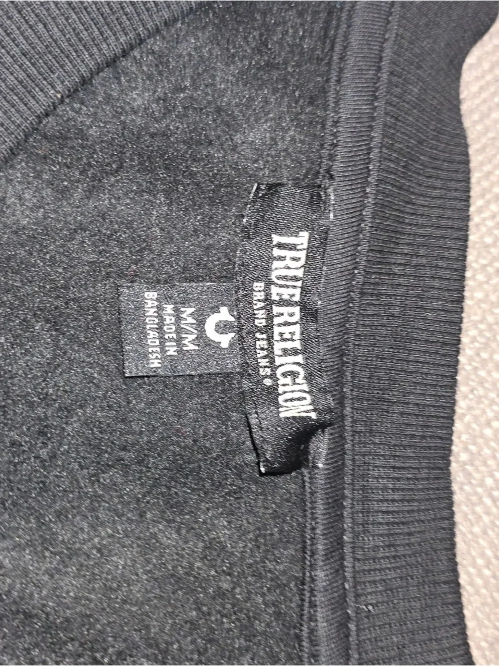 True Religion Black Crewneck Sweatshirt with Burgundy Logo Patch